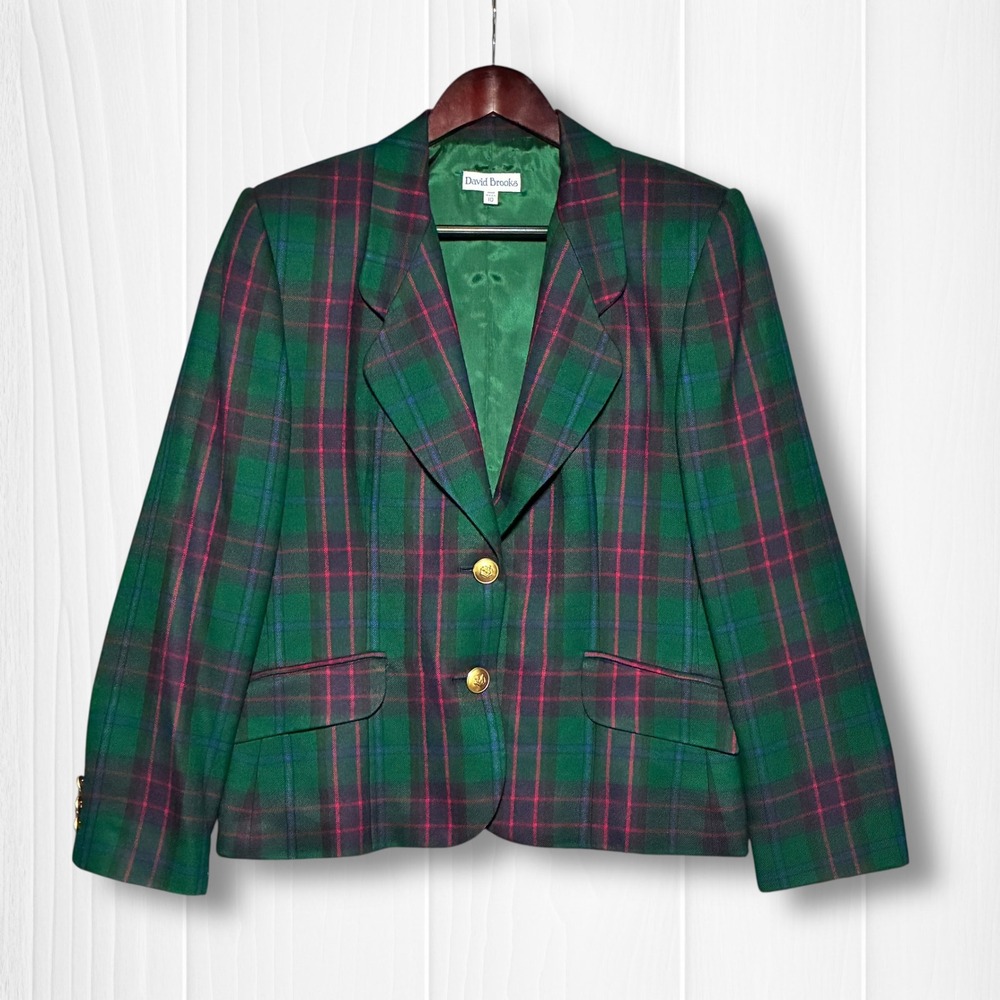 VTG David Brooks‎ Worsted Wool Blend Plaid Gold Button Blazer Women 10 Green USA